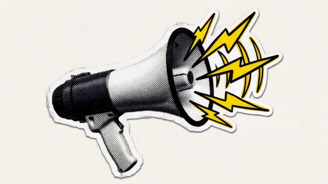 Pop Art Halftone Distressed Megaphone Announcement Sticker Illustration, Worn Retro Marketing Promotion Icon, Vintage Torn Paper Collage Element, 90s Magazine Style, Video
