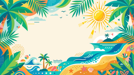 Bright tropical flat vector background, palm leaves, sun and beach inspired abstract shapes, spacious center for travel or sale poster   © Maftuh