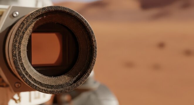 Detailed macro view of a Mars exploration rover's camera lens in the vast desert landscape