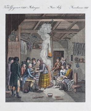Inhabitants of the Scottish Highlands, Scotland, hand-coloured copperplate engraving from Friedrich Justin Bertuch Bilderbuch f&uuml;r Kinder, 1810, Weimar, Germany