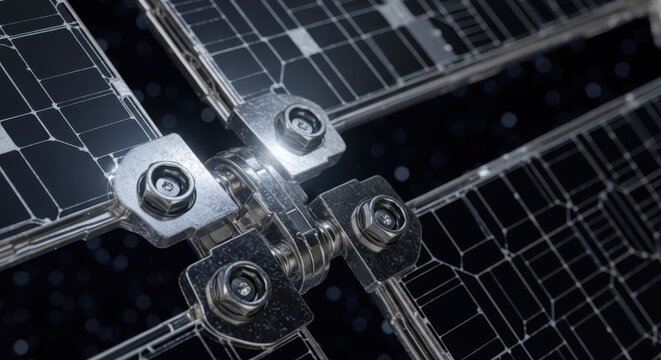 Close-up macro detail of a detailed technological space station module in orbit, showcasing intricate engineering and advanced systems.