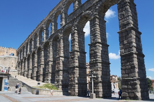 Impressive Roman aqueduct in Segovia, majestic under a clear blue sky, Aqueduct, Segovia, Castilla y Le&oacute;n, Leon, Spain