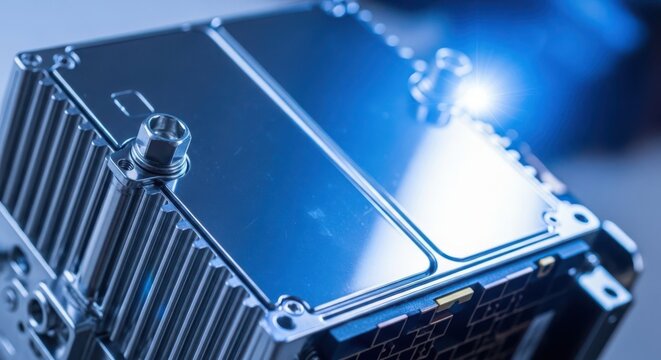 Detailed Macro View of a Metallic Computer Heatsink with Cooling Fins and Fasteners