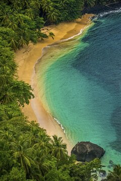 Overlook over banana beach, Unesco biosphere reserve, Principe, Sao Tome and Principe, Atlantic Ocean