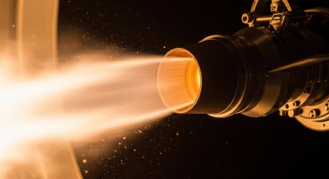 Powerful rocket engine combustion ejecting bright orange thrust in a dark setting, showcasing immense propulsion energy.