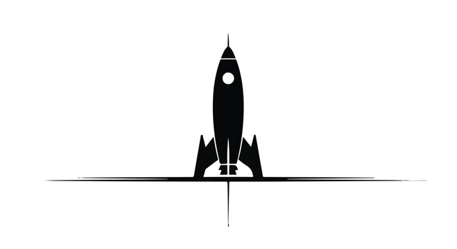 Rocket standing on a horizontal line symbolizes the initial phase of a startup launch or a new venture, representing ambitious growth and the powerful trajectory of innovative enterprise.