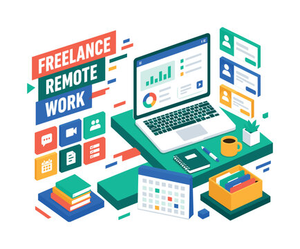 Freelance Remote Work , oversized laptop home office setup with bold geometric depth, stacked platform blocks, floating client cards and diagonal surface accents, asymmetric editorial layout, coral