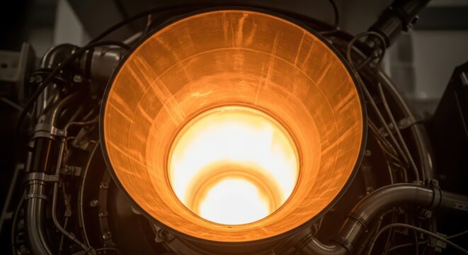 Extreme close-up of a powerful rocket engine's glowing interior during full thrust, showcasing immense energy and propulsion capabilities
