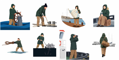 Collection of Sailor and Mariner Vector Illustrations in Various Maritime and Nautical Activities © Vvalla