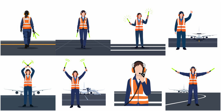 Aircraft ground crew marshaller collection performing various signals and communication on the airport runway