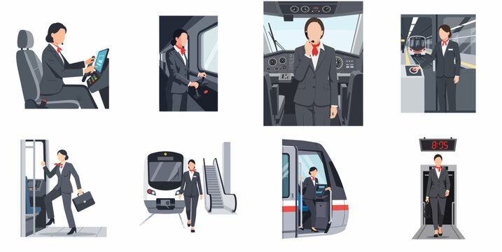 Set of professional female train driver and conductor illustrations in uniform, operating modern trains and working at subway stations
