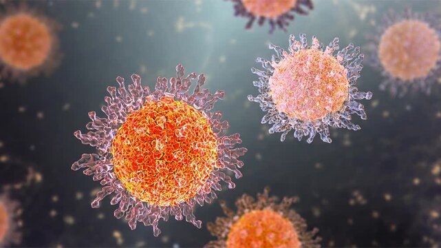 Herpes virus particles, 3D animation showing slowly rotating enveloped virions with icosahedral capsid and surface glycoproteins, illustrating human herpesvirus infection.