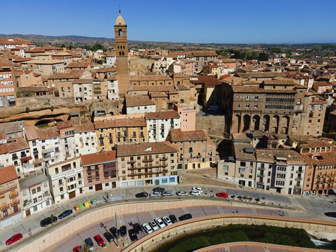 Aerial view of a historic city with a striking tower and many tiled roofs, aerial view, church, Iglesia de Santa Mar&iacute;a Magdalena, bishop's palace, Palacio Episcopal, Tarazona, Zaragoza, Aragon, Spain