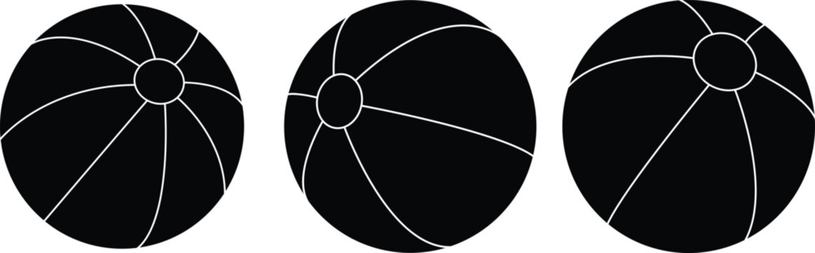 Beach ball silhouette vector set featuring classic inflatable summer toys in bold black style. Perfect for beach, vacation, pool party, sports, leisure, travel and seasonal designs.