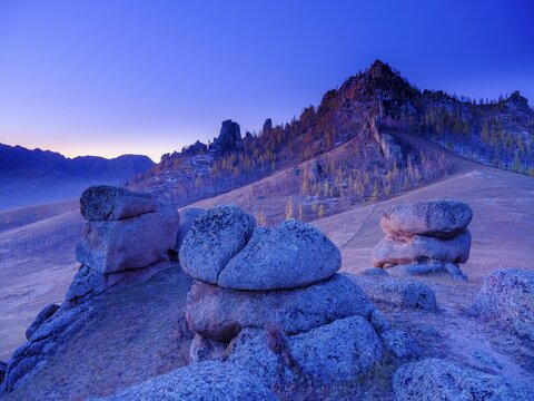 Dawn, rock formations in Gorchi Terelj National Park, Ulan Bator, Mongolia