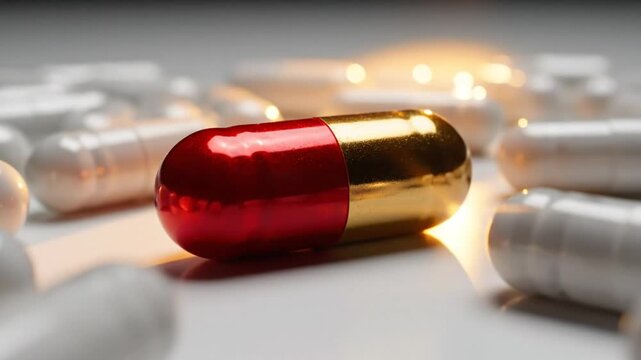 Red and Gold Capsule Center Stage Surrounded by a Plethora of White Pills with Shining Light