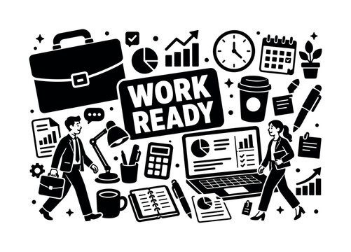 Briefcase Business Collection. Clean solid filled banner composition featuring oversized briefcase and office desk objects spanning opposite corners, two business people walking near lower edges,