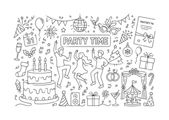Obraz premium Party Event Celebration. Clean one-line drawing banner composition showing oversized party stage, birthday cake, and holiday decorations spanning all edges, 3 people celebrating dancing, new year,