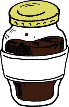 ソースの入った無地のラベルがついた瓶の手描きイラスト（調味料・ソース・醤油・タレ） / Hand-Drawn Illustration of Brown Sauce Bottle (Condiments, Sauce, Soy Sauce)