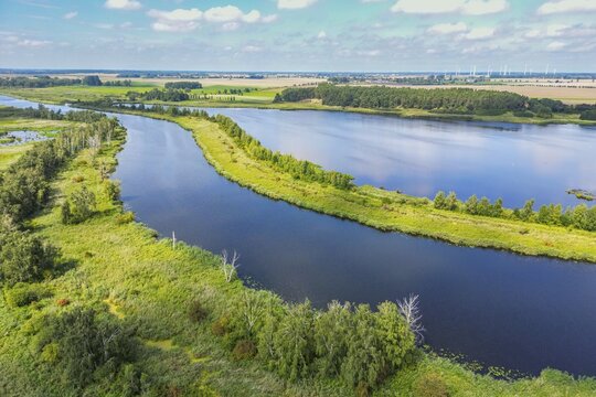 Aerial view, drone photo: River Peene with wetlands and lakes, Flusslandschaft Peenetal nature park Park, Anklam, Mecklenburg-Western Pomerania, Germany