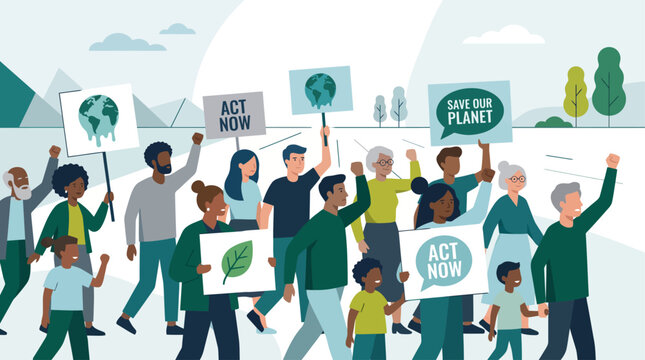 This flat design illustration depicts a diverse group of people advocating for environmental protection and urgent climate action, holding signs with relevant symbols.