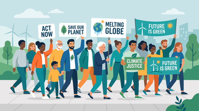 This flat design illustration depicts a diverse group of people advocating for environmental protection and urgent climate action, holding signs with relevant symbols.