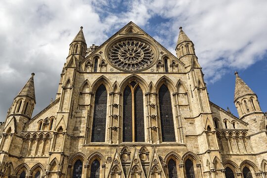 Gothic style cathedral with rose window, York Minster, York, Yorkshire, England, United Kingdom