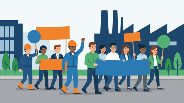 This flat design illustration showcases a united group of workers protesting for fair wages and improved working conditions. 