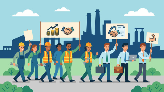 This flat design illustration showcases a united group of workers protesting for fair wages and improved working conditions. 