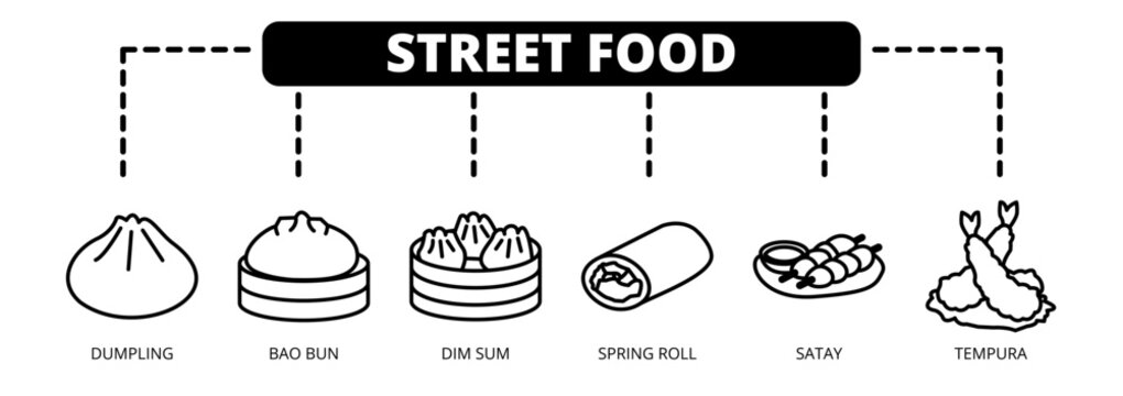 Street Food web banner icon vector illustration concept with icons of dumpling, bao bun, dim sum, spring roll, satay, and tempura. 