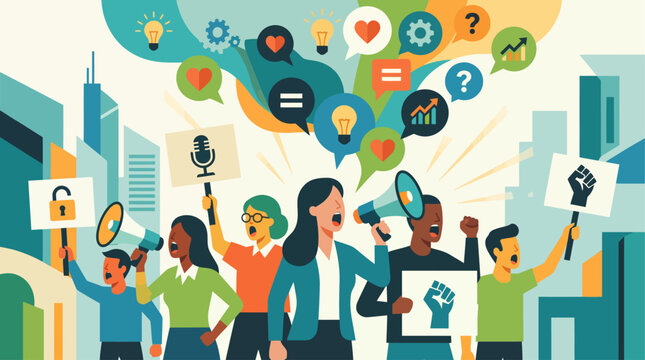 This flat design illustration portrays individuals protesting for freedom of speech and expression, using megaphones and speech bubbles.