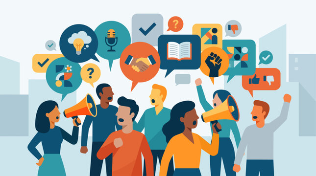 This flat design illustration portrays individuals protesting for freedom of speech and expression, using megaphones and speech bubbles.
