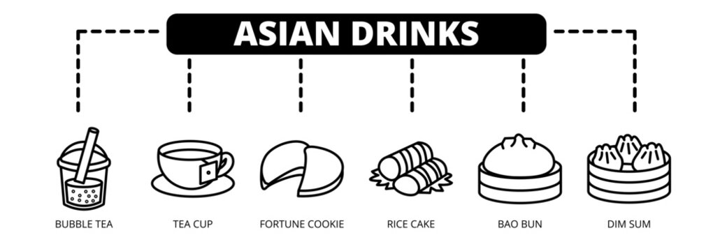 Asian Drinks web banner icon vector illustration concept with icons of bubble tea, tea cup, fortune cookie, rice cake, bao bun, and dim sum. 