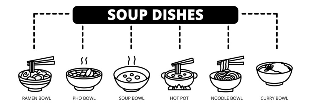 Soup Dishes web banner icon vector illustration concept with icons of ramen bowl, pho bowl, soup bowl, hot pot, noodle bowl, and curry bowl. 