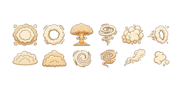 Set of cartoon smoke explosion and dust cloud icons for game design