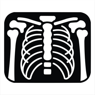 Human rib cage and upper arm bones X-ray silhouette, medical diagnostic symbol, black and white vector.