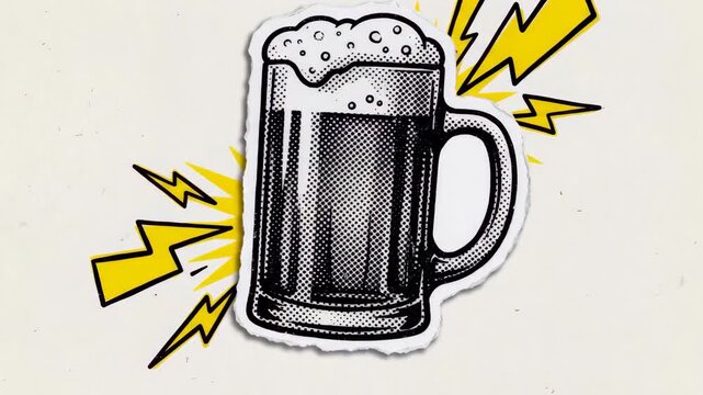 Pop Art Halftone Distressed Beer Mug Sticker Illustration, Worn Retro Foam Beer Glass Icon, Vintage Torn Paper Collage Element, 90s Magazine Style Graphic, Video