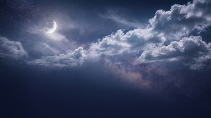 Fototapeta premium Night sky with crescent moon shining through cloudy atmosphere