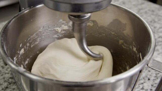 Close-up of a stand mixer with a dough hook kneading white dough in a stainless steel bowl for baking