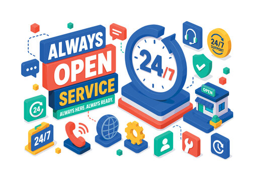 Always Open Service , oversized twenty-four hour loop clock with bold geometric depth, floating service blocks and continuous platform accents, asymmetric editorial layout, electric blue and coral