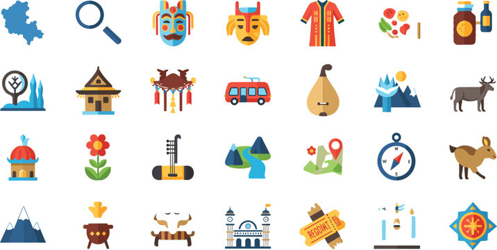  Assam tourism and cultural heritage icon set featuring traditional bhaona masks jaapi hat bihu festival musical instruments and wild animal wildlife icons