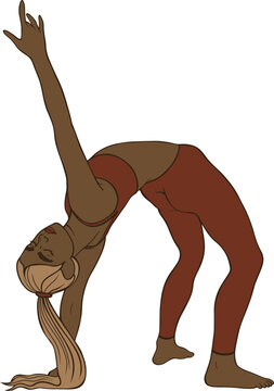 Minimal Vector Art of Black Woman in Backbend Yoga Position. Linear graphic drawing of a dark-skinned female performing a flexible wheel or wild thing pose (Camatkarasana). Concept of dee