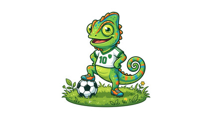 Fototapeta premium Adorable green chameleon character, a cheerful sports enthusiast, happily playing football on a patch of fresh grass