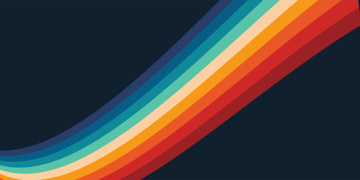 Abstract colorful 70s background vector. Vintage retro style wallpaper with lines, rainbow wavy stripes. 1970 color illustration design suitable for poster, banner, decorative, wall art.