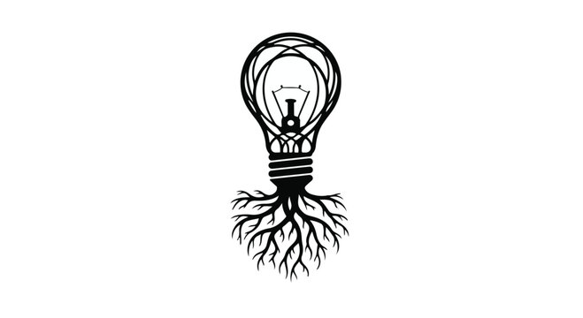 Lightbulb with tree roots growing from the base illustrates the concept of innovation, sustainable ideas, knowledge development, and the grounding of creative thoughts in organic reality.