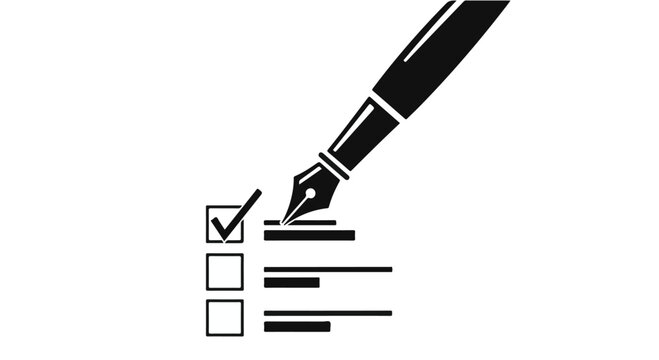 Fountain pen marks a checkmark on a task list to symbolize productivity, completion of goals, and the successful execution of business plans in a professional office environment setting today.