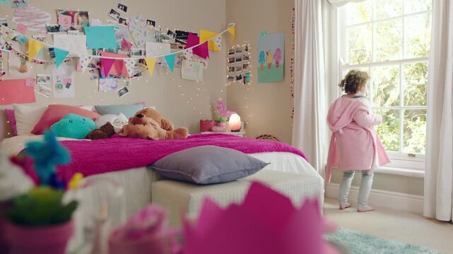 Dancing, music and child in bedroom with rhythm, freedom or talent with radio on weekend. Groove, creative and girl kid moving to playlist in morning with growth, fun and development in house.