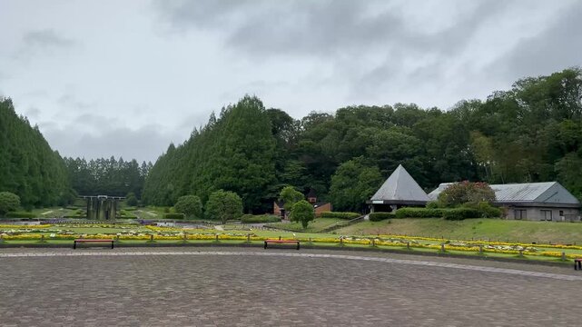 Rainy day at tranquil garden park