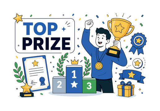 Award Achievement Winner. Editorial banner with winner holding an oversized trophy cup and medal ribbon beside a large achievement podium, with prize star, laurel, certificate, confetti dots, and