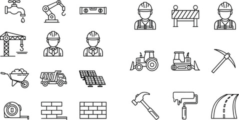 Construction and Engineering Outline Line Icon Set with Worker Tools Machinery and Infrastructure © MdMojibar